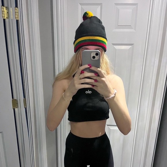 Lithuanian red, green, yellow strip unisex Beanie with Pom-Pom - Picture 5 of 5